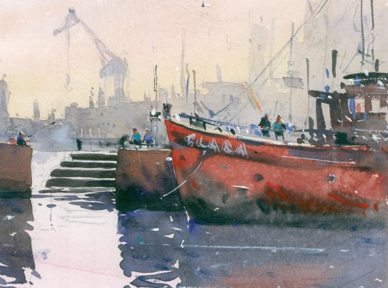 Wasser, Spiegelungen und Boote im Aquarell